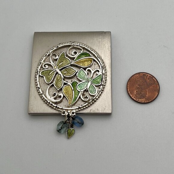 Vintage 70s Enamel Green Butterfly Compact Mirror Art Nouveau Boho Bead Charm - Picture 4 of 6